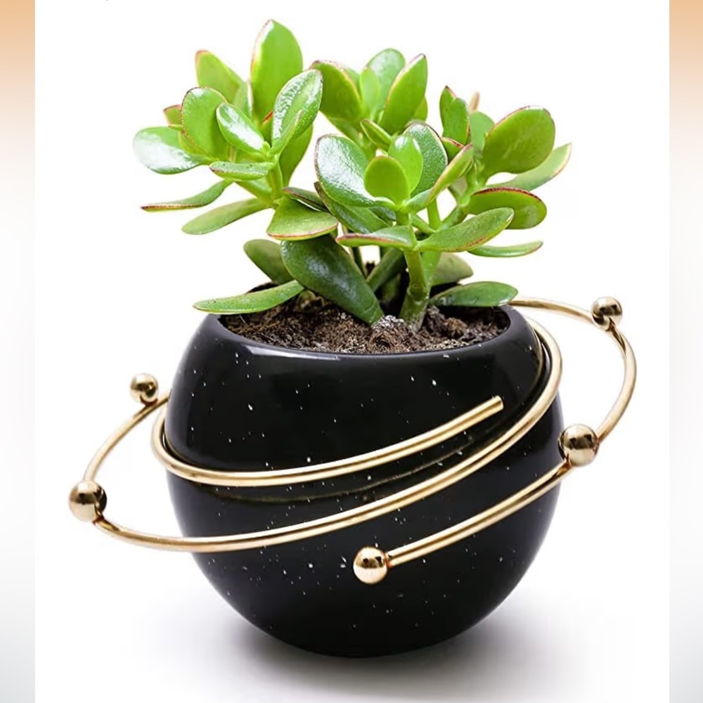 Black Ceramic Planet Planter with Gold Orbit Rings Accents - space celestial NWT